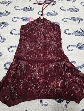 Edikted Burgundy Halter Floral Sequin Dress
